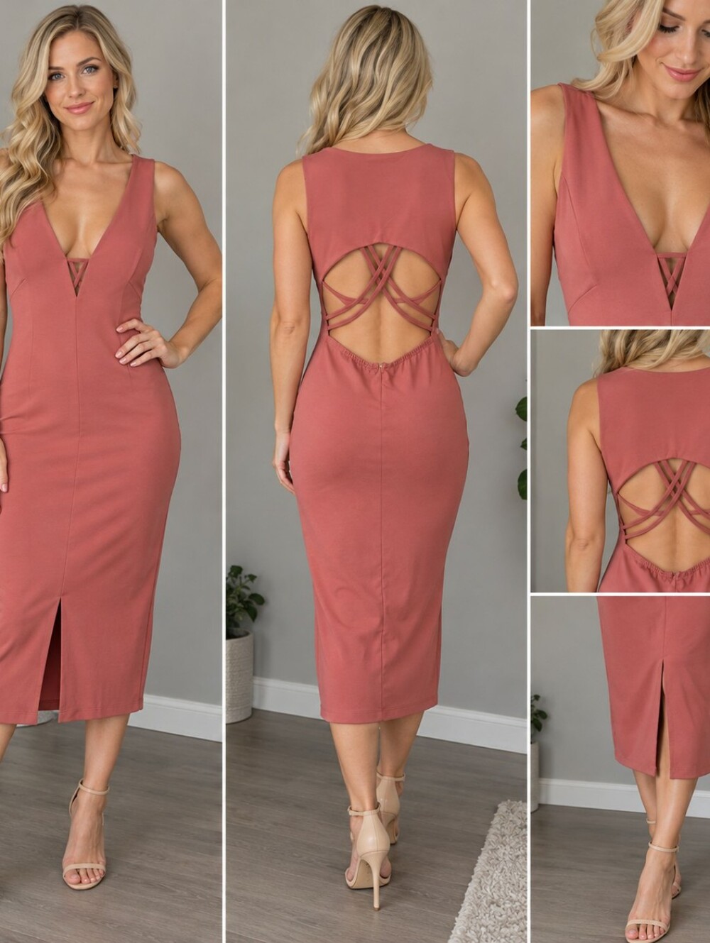 Sleeveless Mauve Bodycon Midi Dress with Crisscross Back